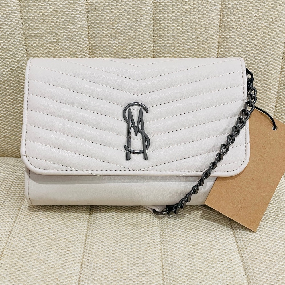 Steve Madden Off White Chevron Quilted Crossbody Bag Wallet on Chain Gunmetal SM